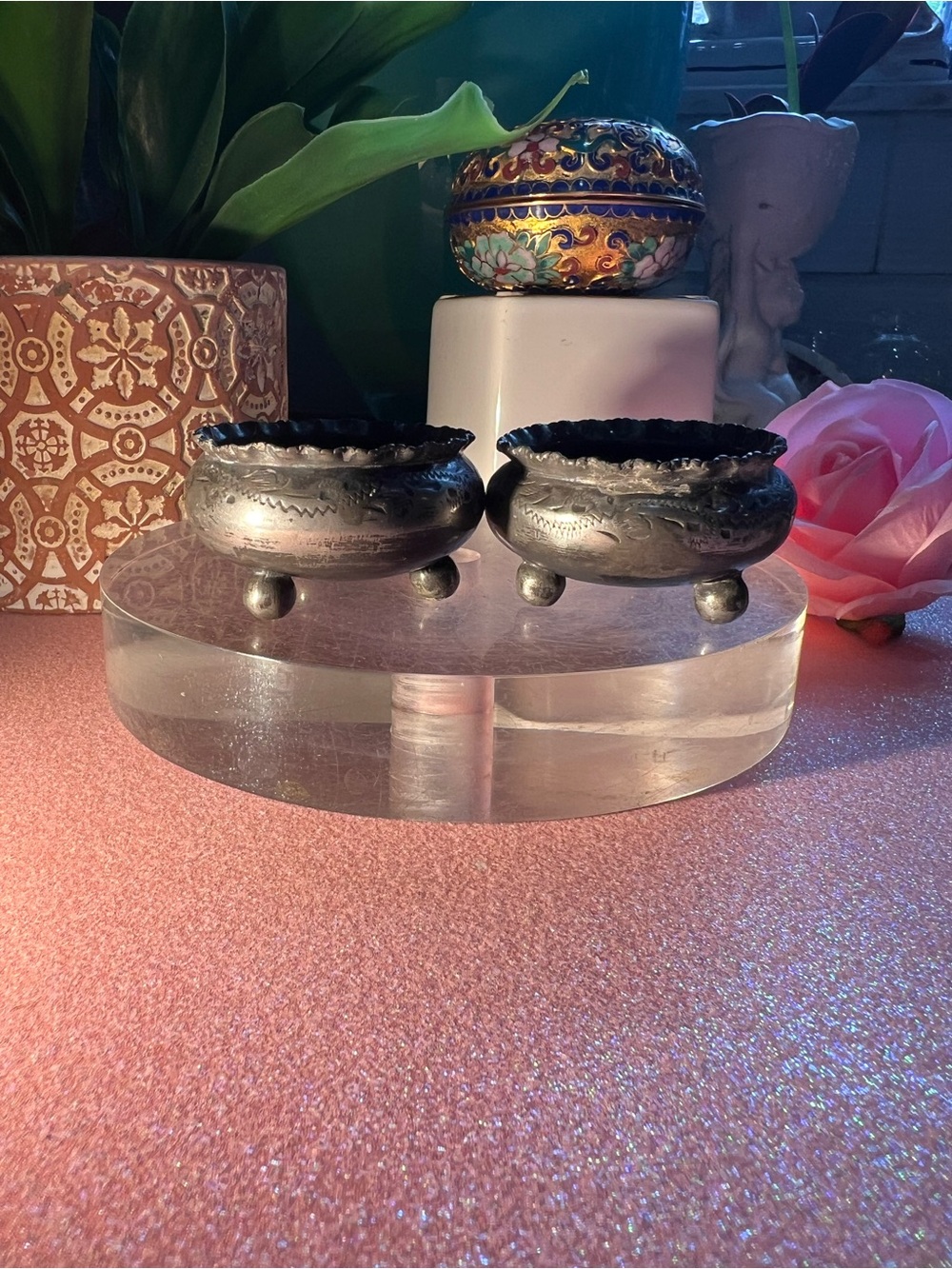 Antique England Silver-plated Embossed Metal Salt Cellars set of two